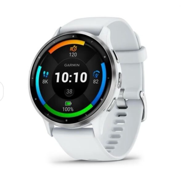 Venu 3 Silver stainless steel bezel with whitestone case and silicone band