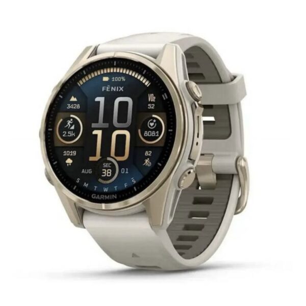 Fenix 8 – 43 mm, AMOLED Sapphire, Soft Gold with Fog Gray/Dark Sandstone Silicone Band